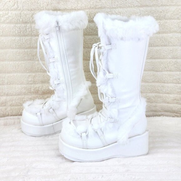Demonia White Cub 311 Platform Furry Mammoth Stomper Knee Boots - Picture 11 of 11
